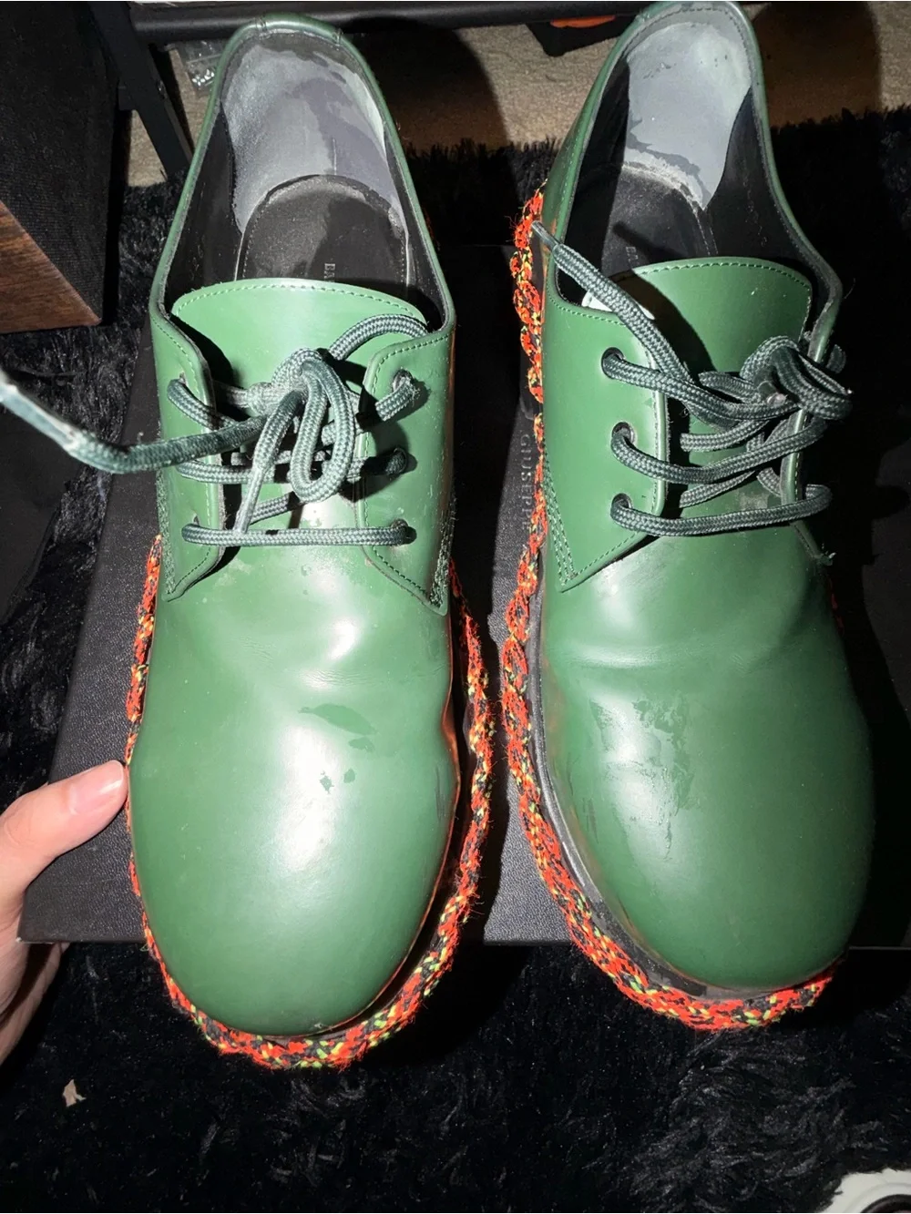 Balenciaga Green Lace-Up Platform Men Boots with Multicolor Braided Sole